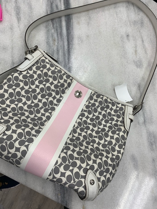 Coach Signature Canvas Shoulder Bag in Pink and Gray with White Trim